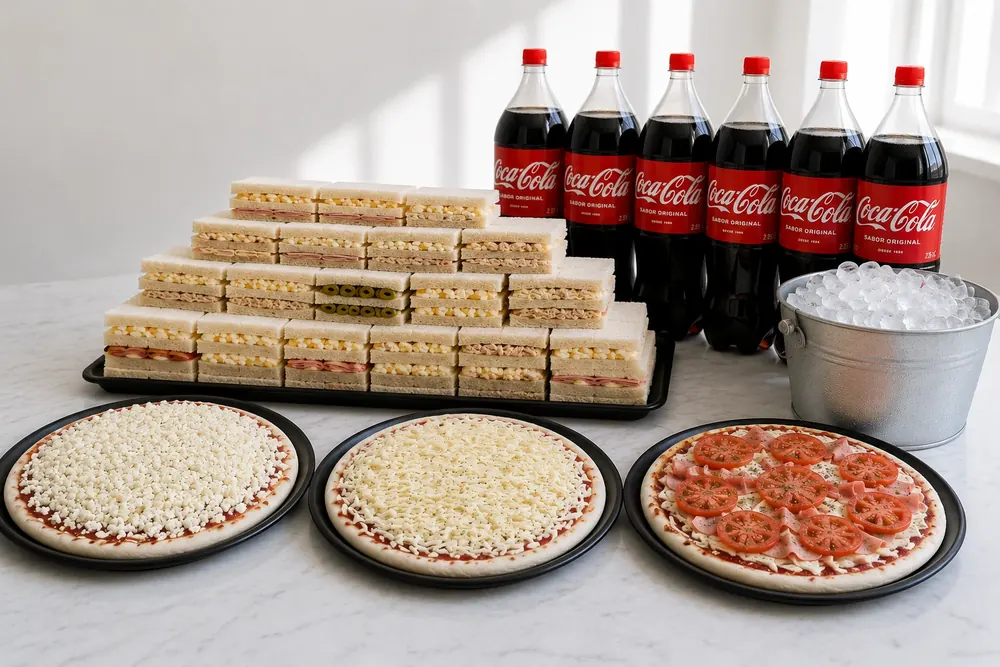 Catering para eventos: mesa completa de sánguches de miga, pizzas y bebidas